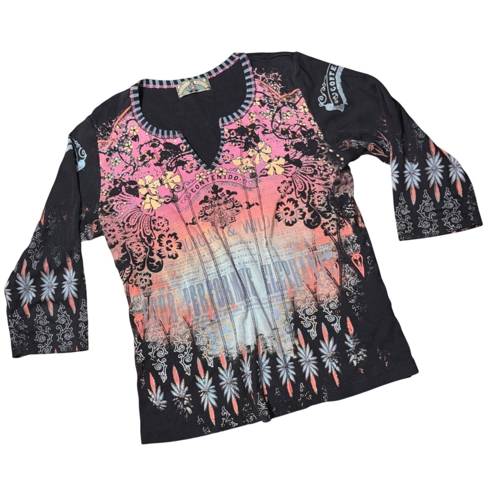 Vanilla Sugar Womens Y2K Graphic Rhinestone 3/4 Sleeve Top Black Pink PM USA